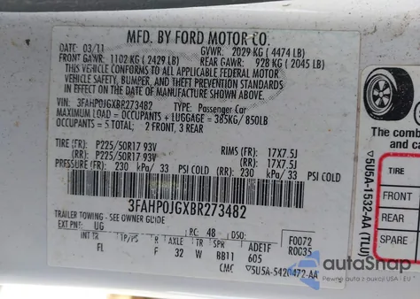 2011 Ford Fusion Sel from USA, damaged, VIN 3FAHP0JGXBR273482